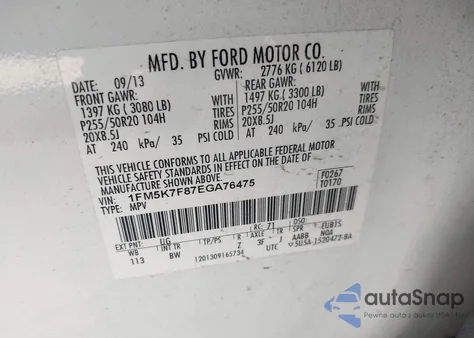 2014 Ford Explorer Limited z USA, uszkodzony, nr VIN 1FM5K7F87EGA76475